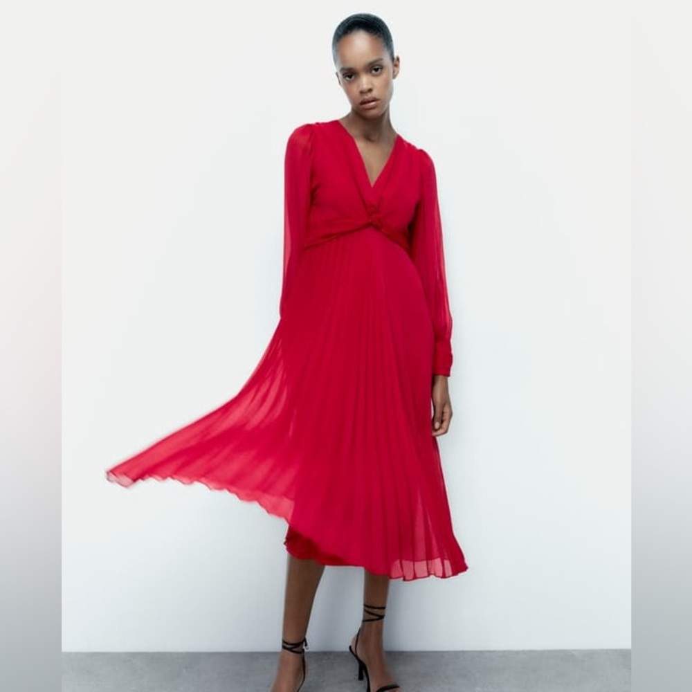 Zara Dress Midi Pleated Pink NWT